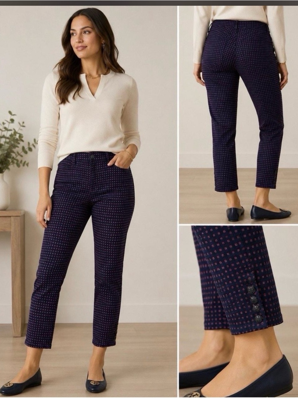 Tory Burch Emmy Navy Slim Ankle Pants with Daisy Dots Size 31